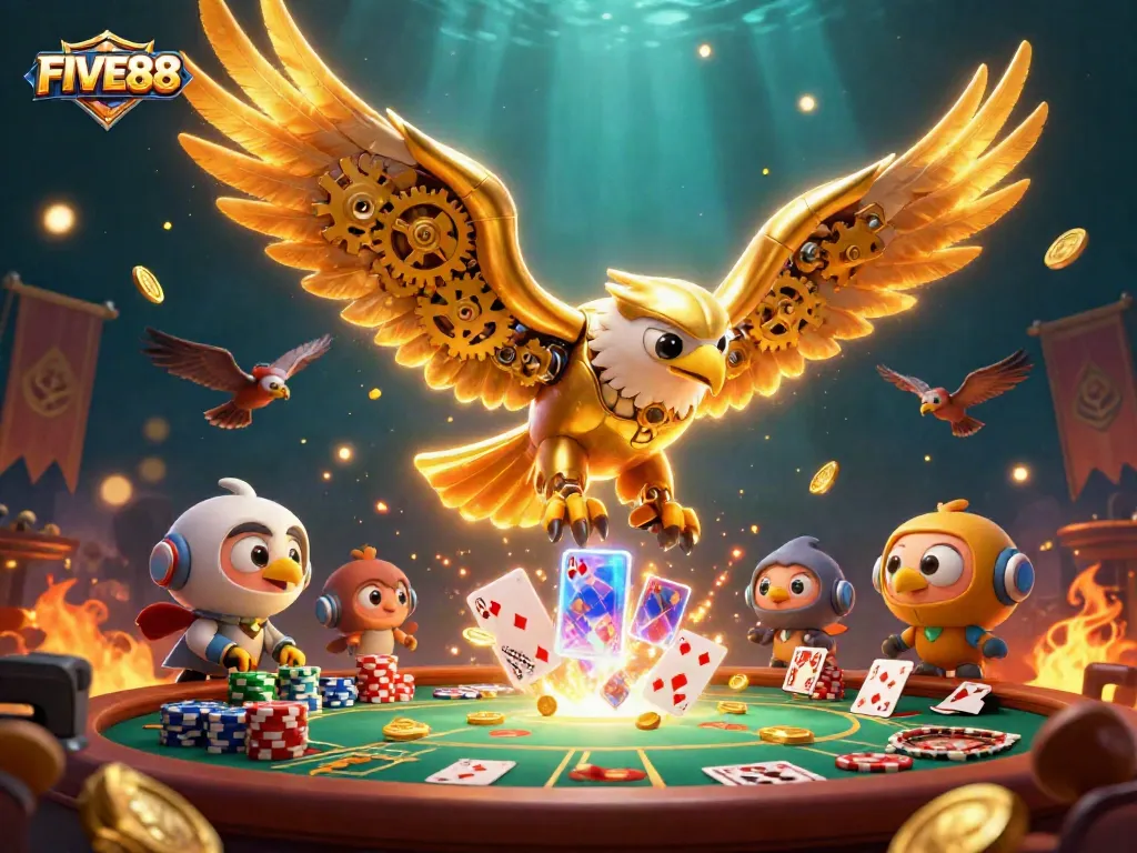 Engage with FIVE88's thrilling casino world featuring an epic 3D eagle amidst dynamic gambling elements.