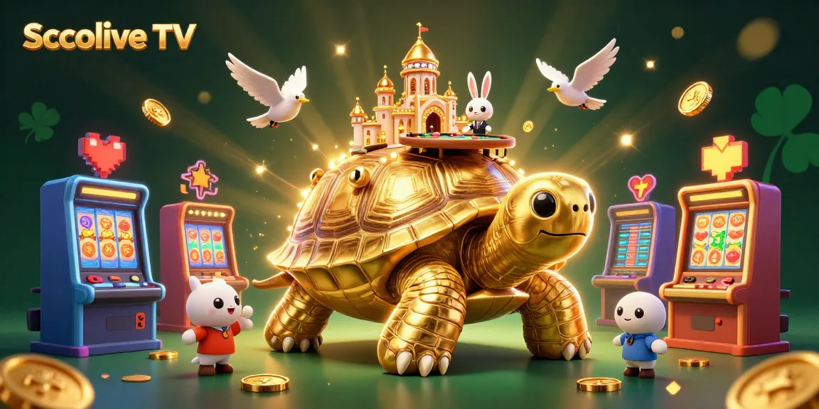 Socolive TV features a lively illustration of casino elements with a tortoise hosting a poker game, surrounded by golden coins and slot machines.