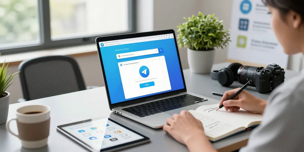 Efficient workspace showcasing Telegram download guide with laptop and tablet