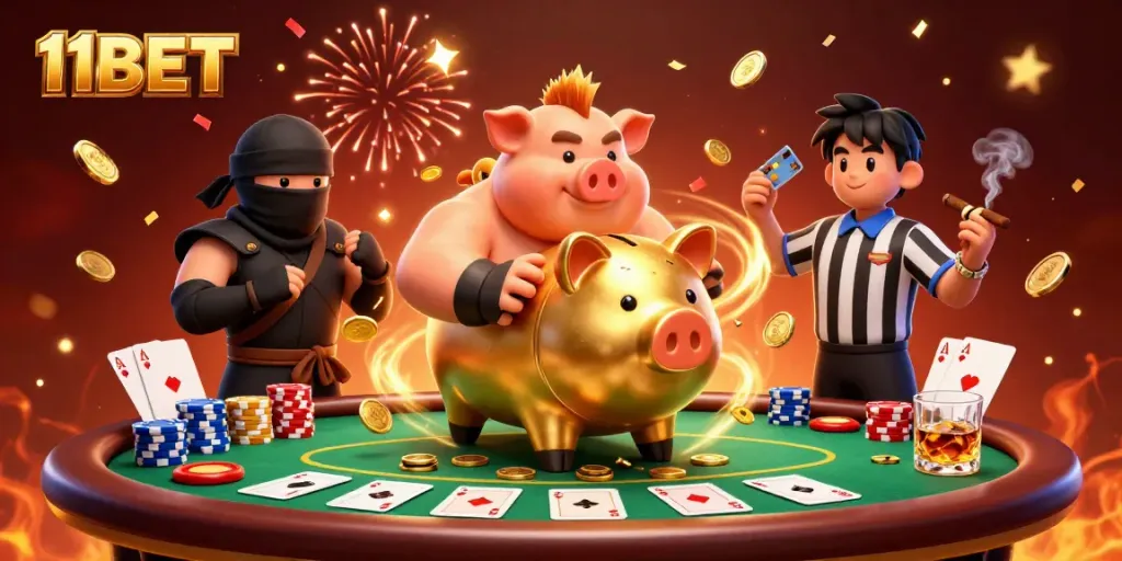 Engage with thrilling 11BET gaming action featuring a piggy bank wrestler, ninja, and samurai in vibrant casino setting.