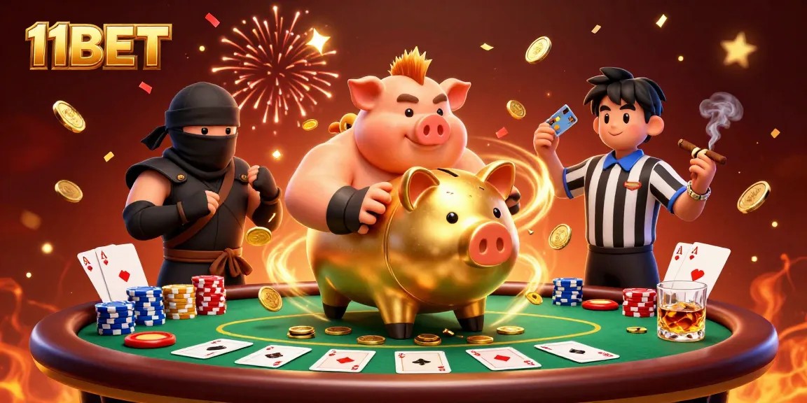 Engage with thrilling 11BET gaming action featuring a piggy bank wrestler, ninja, and samurai in vibrant casino setting.