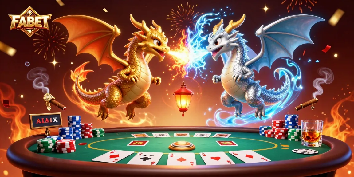 Explore thrilling poker action with FABET's golden and silver dragons and vibrant chips.