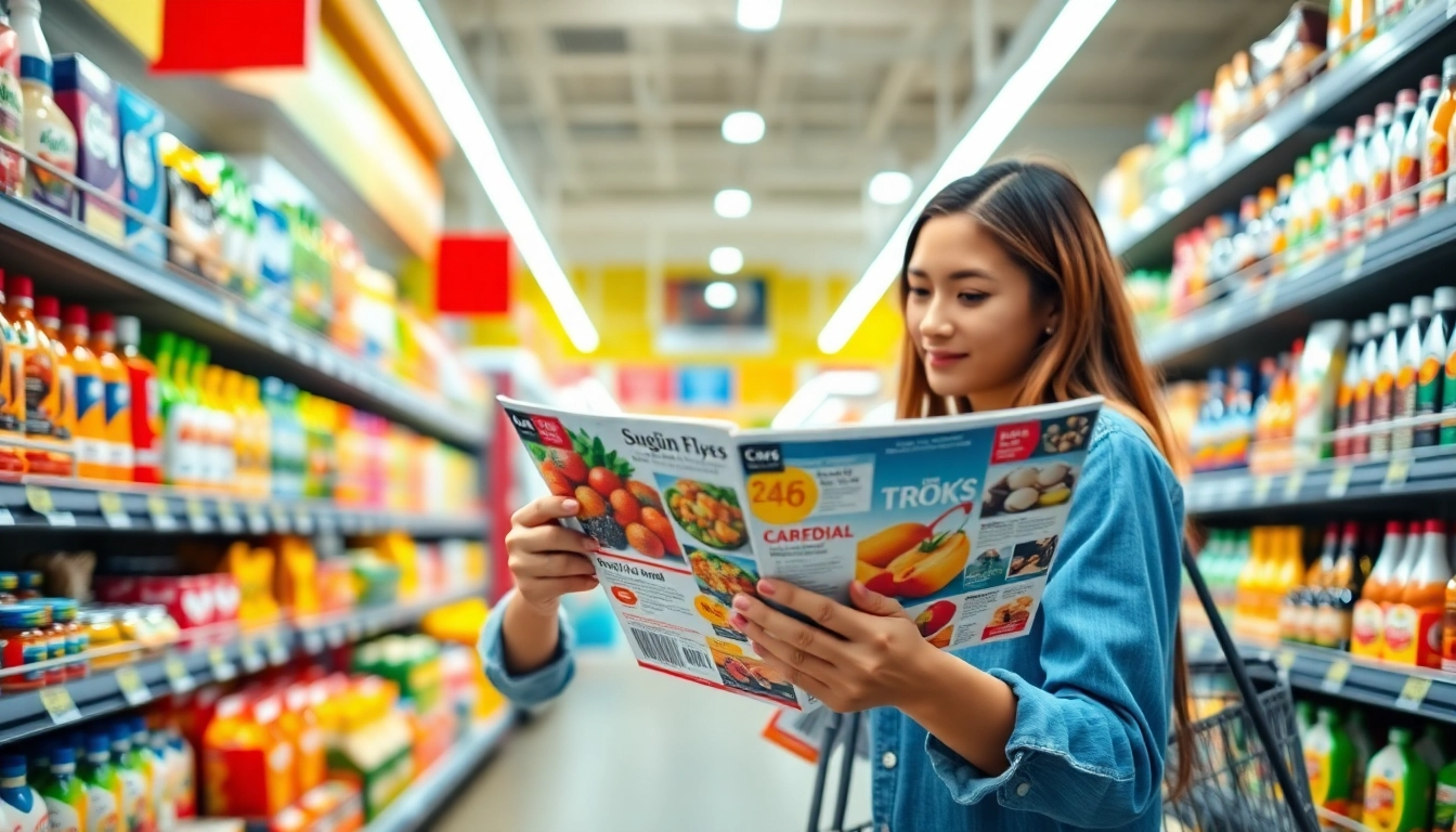 Engaged shopper browsing through Canadian Flyers in a bright grocery store setting.