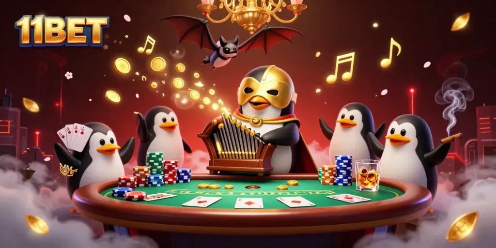 Experience thrilling action with 11BET in a vibrant casino scene featuring exciting poker elements.
