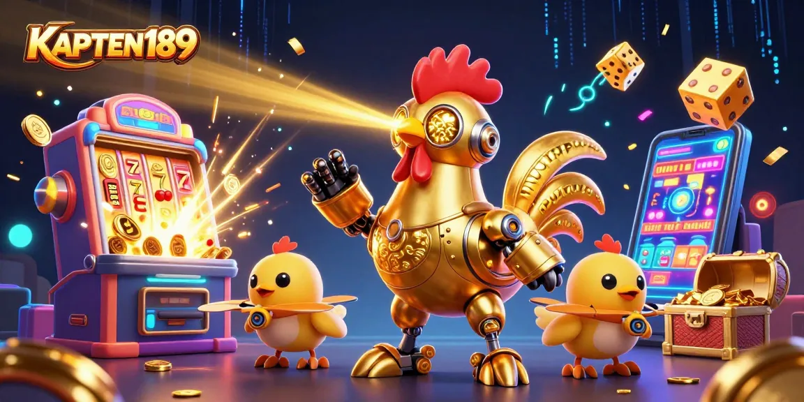 KAPTEN189 menghadirkan ilustrasi 3D luar biasa dengan robot ayam emas dan mesin slot meledak, menyajikan pengalaman kasino menarik.