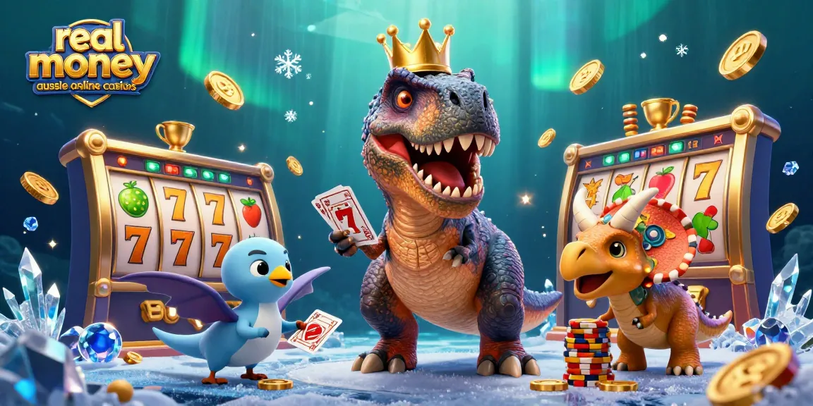 Experience real money aussie online casinos with a fun T-Rex card game scene filled with excitement.