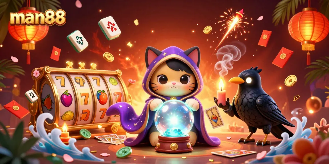Experience the excitement of man88 with a mystic cat and raven amidst vibrant slot elements.