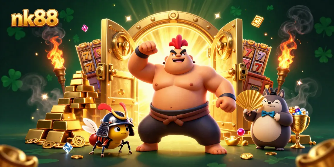 Experience thrilling action with nk88 as a powerful sumo wrestler and a fierce samurai cricket play in a vibrant casino scene.