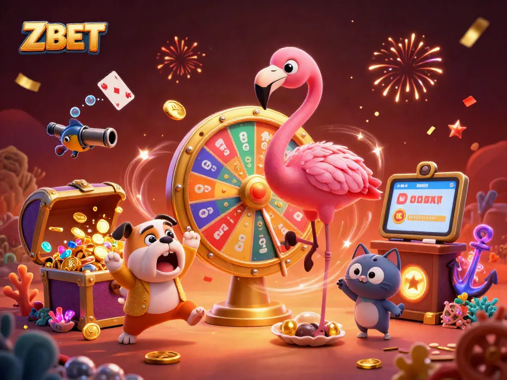 Spin the giant prize wheel with ZBET as flamingo host and excited bulldog contestant in a vibrant casino scene.