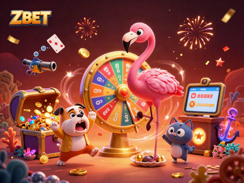 Spin the giant prize wheel with ZBET as flamingo host and excited bulldog contestant in a vibrant casino scene.