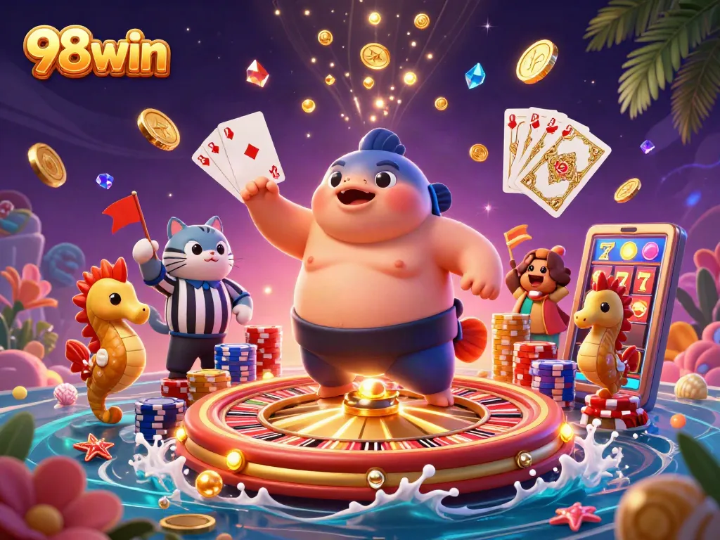 Experience thrilling wins with the 98win online casino featuring vibrant scenes of gaming action.