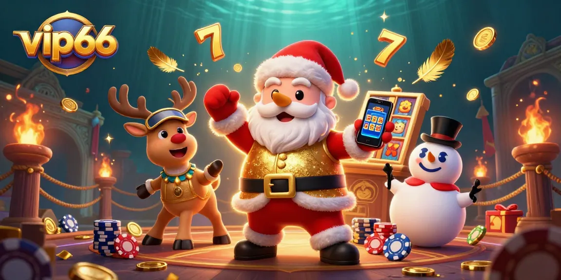 Experience vip66 slots with Santa, a dealer reindeer, and a poker chip snowman in a vibrant casino!