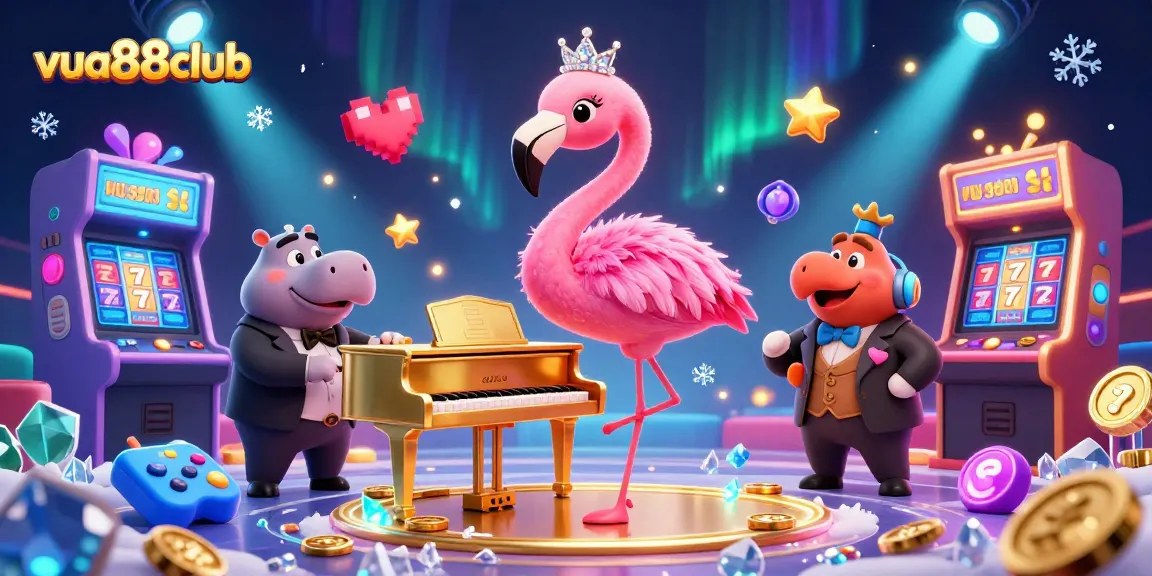 Play exciting slots and win big at vua88club featuring a vibrant casino scene with lively characters.