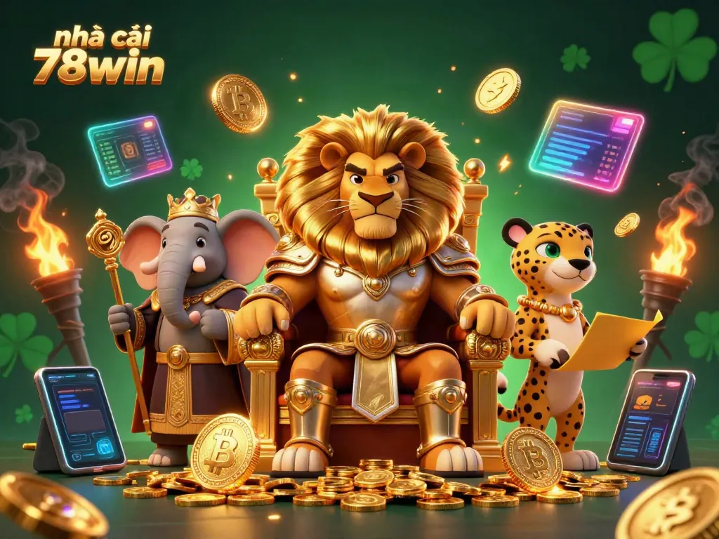 Experience dynamic fun at nhà cái 78win with fierce king, wise elephant, and swift cheetah amidst glowing coins and crypto elements.