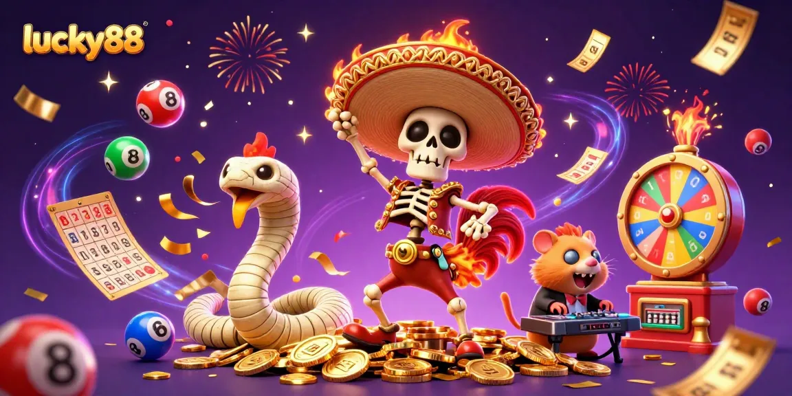 Engage in the exciting world of lucky88 with a festive scene featuring colorful lottery balls and dynamic casino elements.