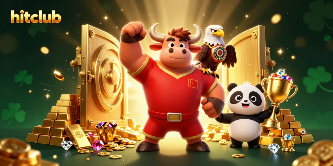 Hitclub showcases winning moments in a vibrant 3D casino scene filled with treasures and festive spirits.
