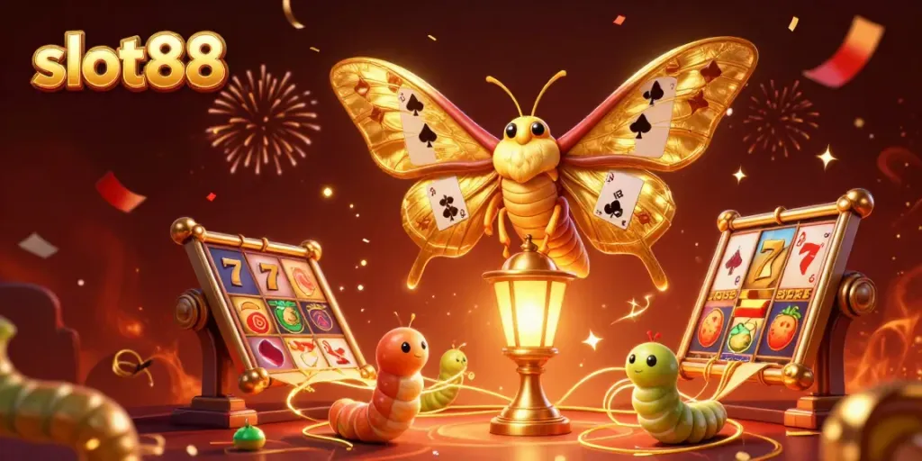 Engage with slot88's vibrant 3D casino illustration featuring a golden-winged moth and jackpot symbols.