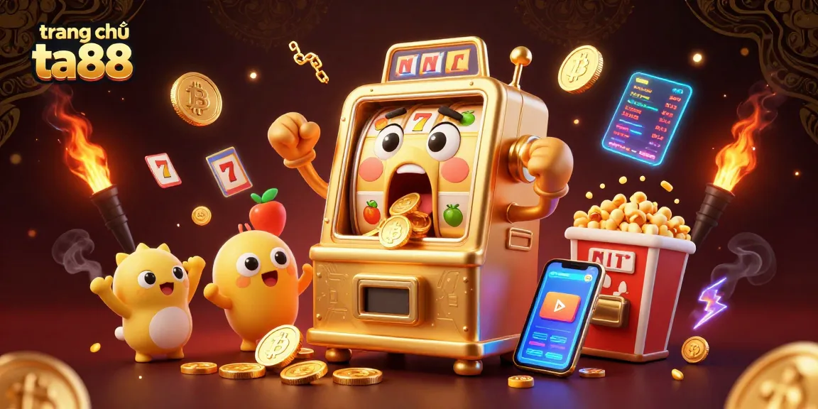 Watch the trang chủ ta88 slot machine hit a jackpot as golden coins fly from its mouth in an exciting cartoon scene.