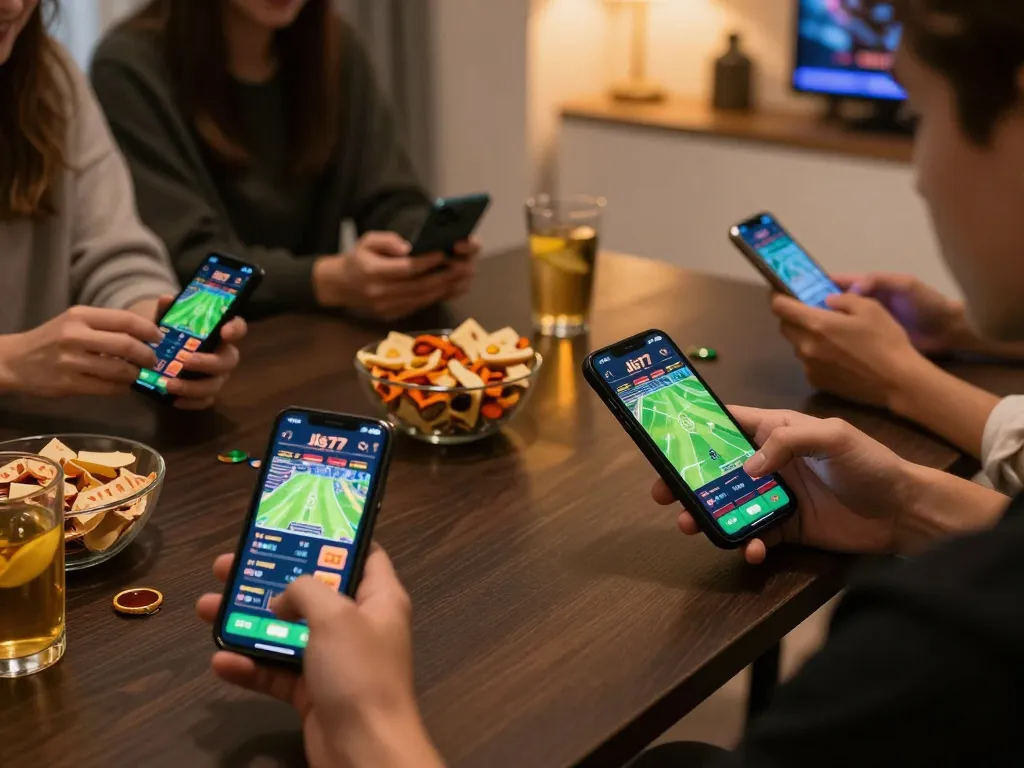 Engaged players using the jus77 app to place bets on sporting events, showcasing dynamic online gambling.