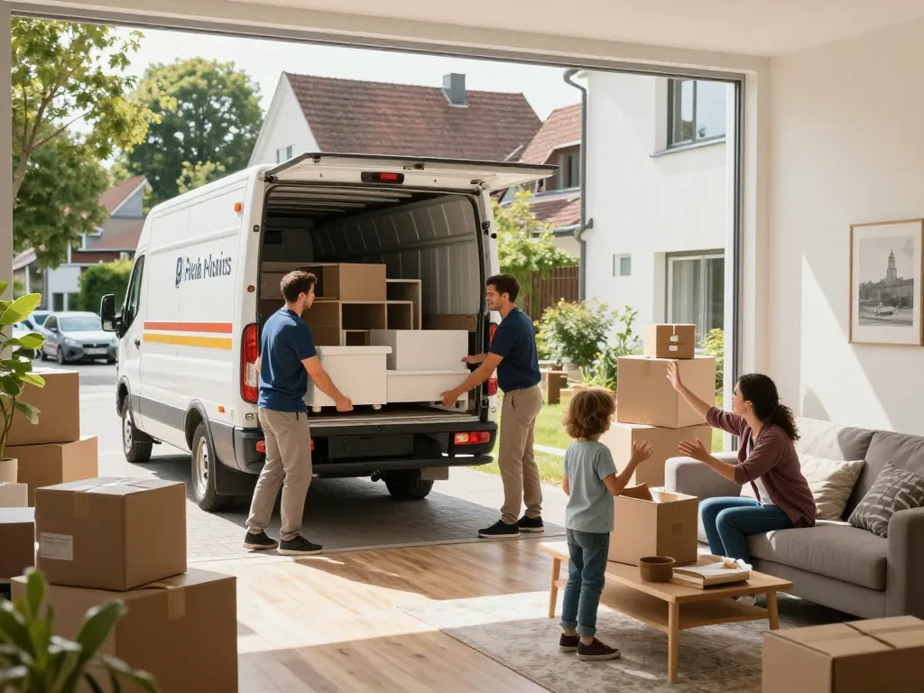 Umzugsteam vom Umzugsunternehmen Hannover lädt Möbel in einen Truck mit einer glücklichen Familie in ihrem Zuhause.