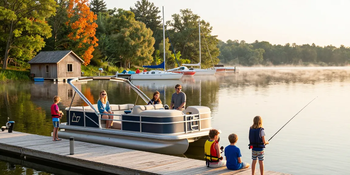 Boat rentals at a lakeside marina with families enjoying a summer day.