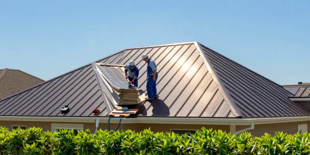 Durable metal roofing installation showcased at mroof.ca with a bright landscaped home.