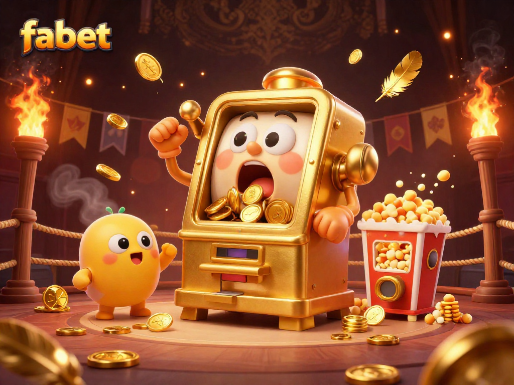 Experience fabet's thrilling jackpot excitement with a golden slot machine bursting coins in a vibrant casino setting.