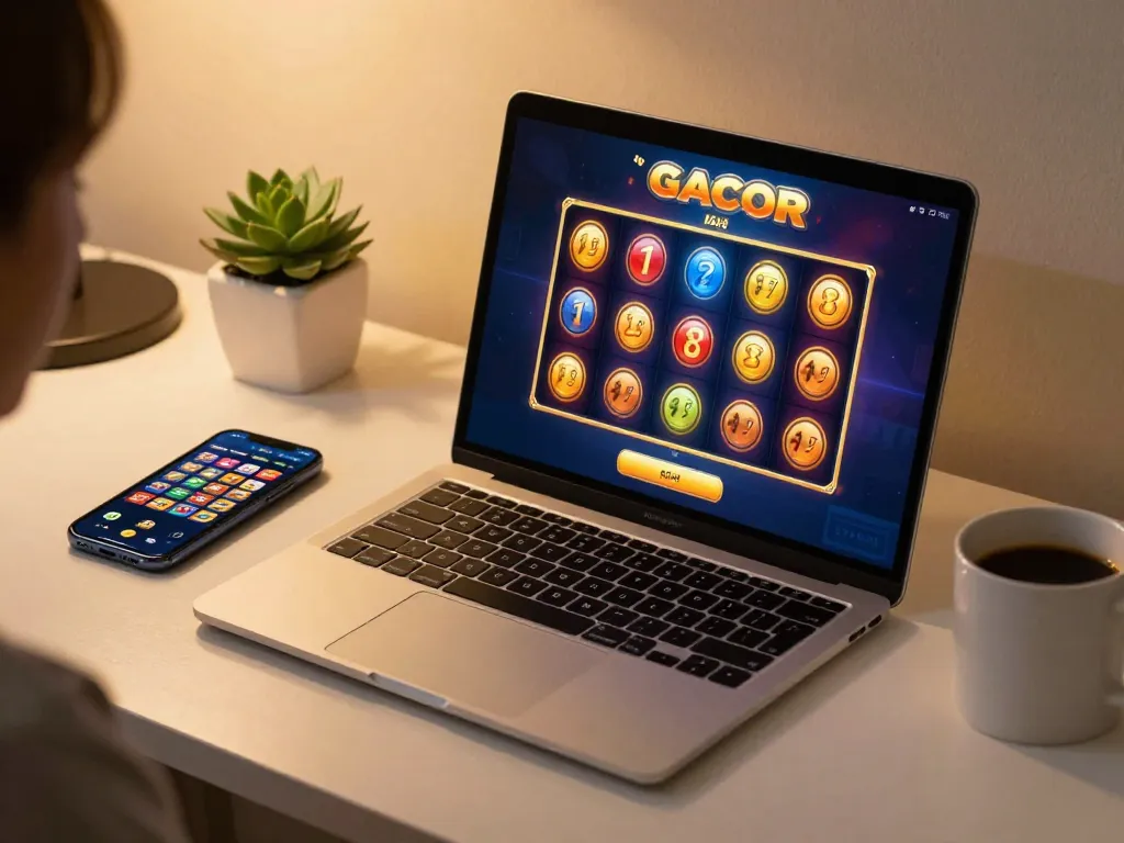 Engaging slot gacor gameplay showcased on laptop, highlighting modern online gaming experience.