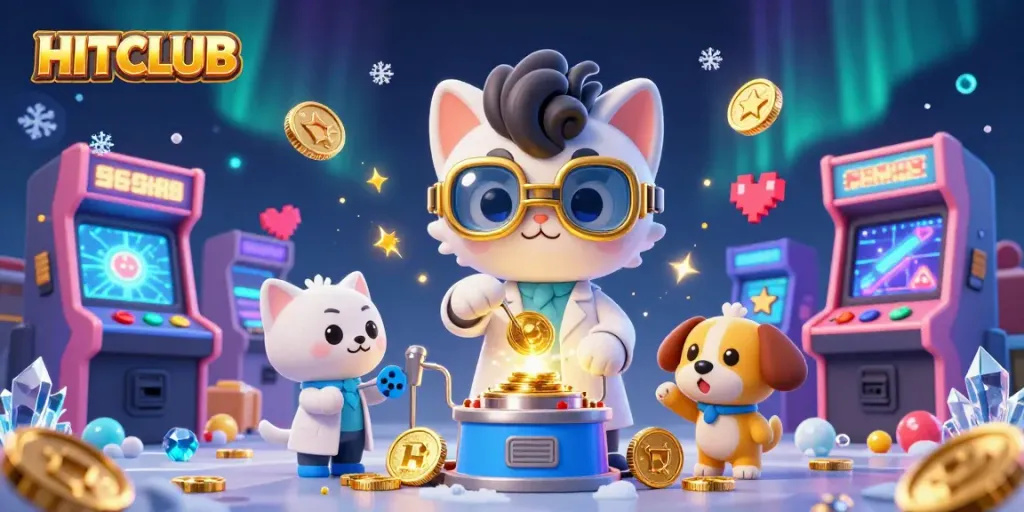 Play exciting games with HITCLUB featuring a mad scientist cat and more in a vibrant casino setup.