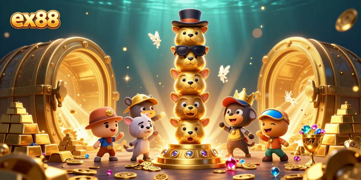 Spin the reels and win big with ex88's dazzling treasures and lively 3D illustration.