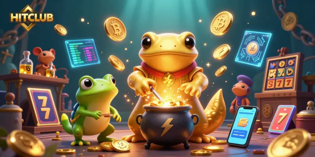 Join the HITCLUB for exhilarating casino action featuring golden alchemy and vibrant slot symbols.