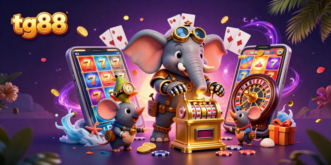 Spin the reels at tg88 with a dynamic illustration of a steampunk elephant engineer managing a golden slot machine.