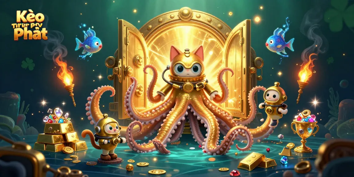 Kèo Thẻ Phạt highlights a kraken and diving cat in a treasure scene with rich gambling elements.