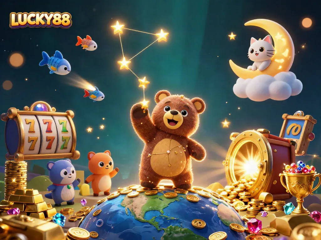 LUCKY88 slot game illustration showcasing a constellation bear and treasures in a casino atmosphere.