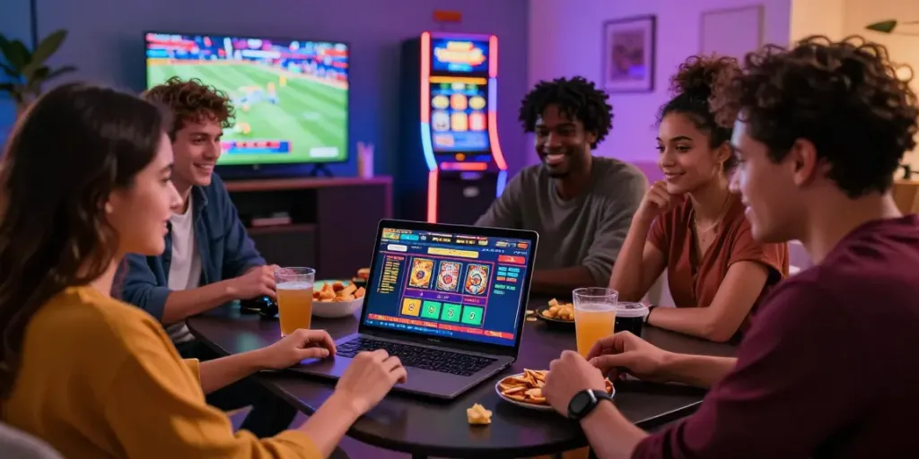 Online gambling fun with friends using https://fc88v1.com/ on a laptop, vibrant atmosphere.