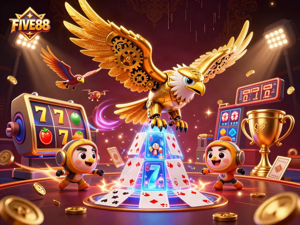 Experience excitement with FIVE88's ultra-detailed 3D casino scene showcasing enchanting slots.