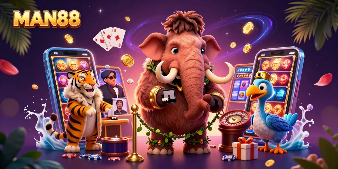 Experience the excitement of MAN88 with a vibrant 3D illustration showcasing casino life and slot games.