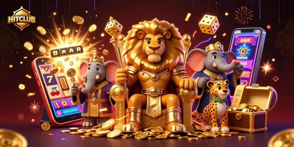 Join the HITCLUB for winning slots amidst a regal scene of a lion king and vibrant casino elements.
