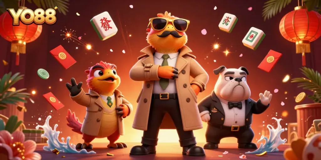 Experience the thrill of YO88 in a colorful casino scene with cartoon raptors and festive elements.