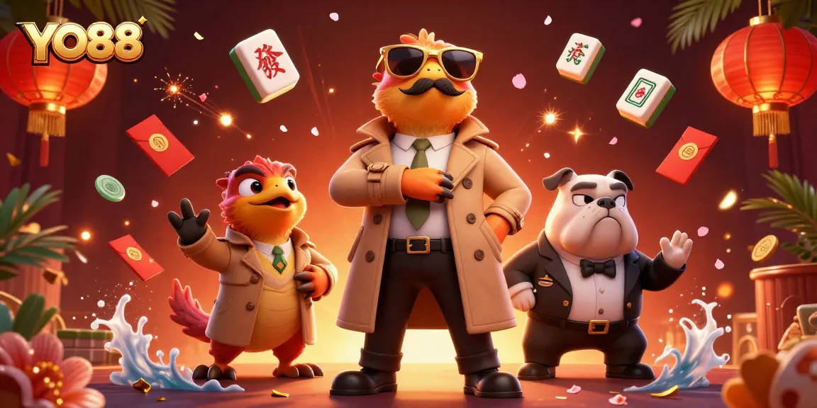 Experience the thrill of YO88 in a colorful casino scene with cartoon raptors and festive elements.