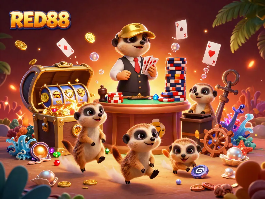 Join the action at RED88 with playful meerkats operating a vibrant casino amidst gold and jewels.