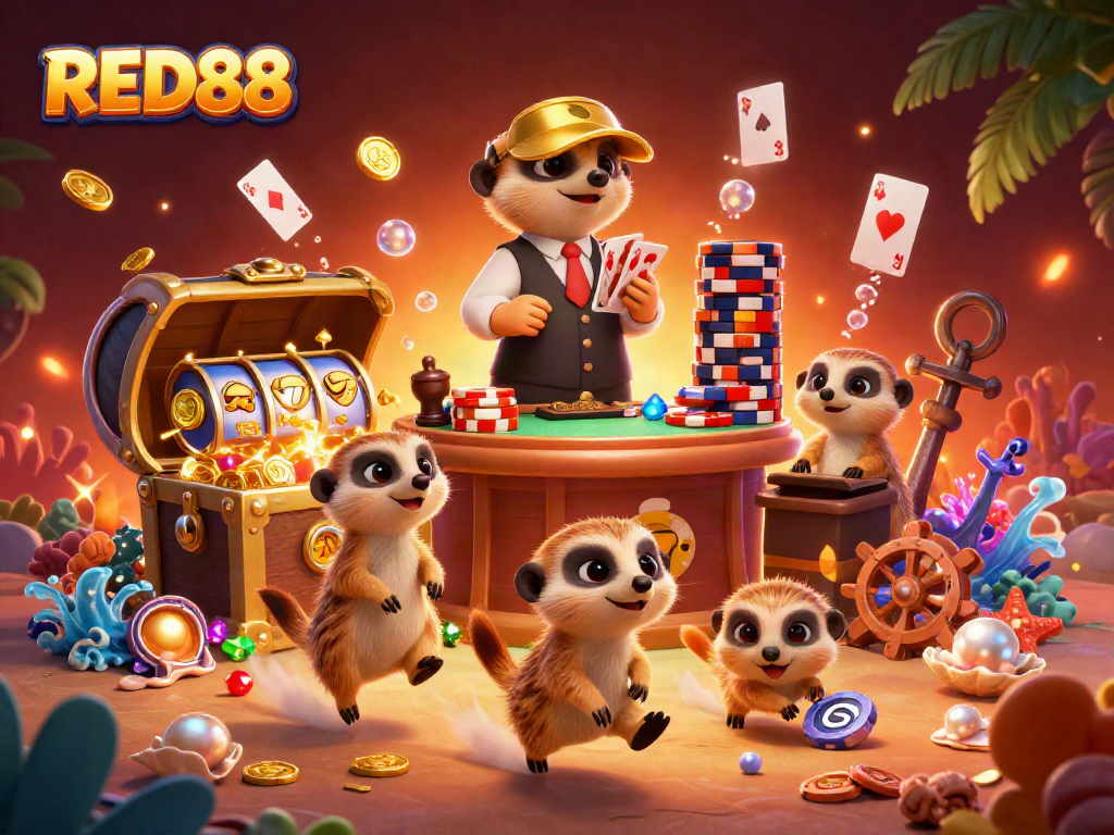 Join the action at RED88 with playful meerkats operating a vibrant casino amidst gold and jewels.