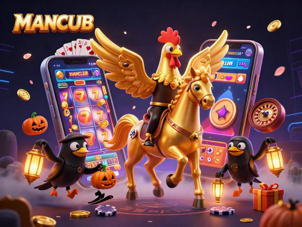 Spin the reels with MANCLUB's golden rooster and gather coins in this vibrant casino scene.