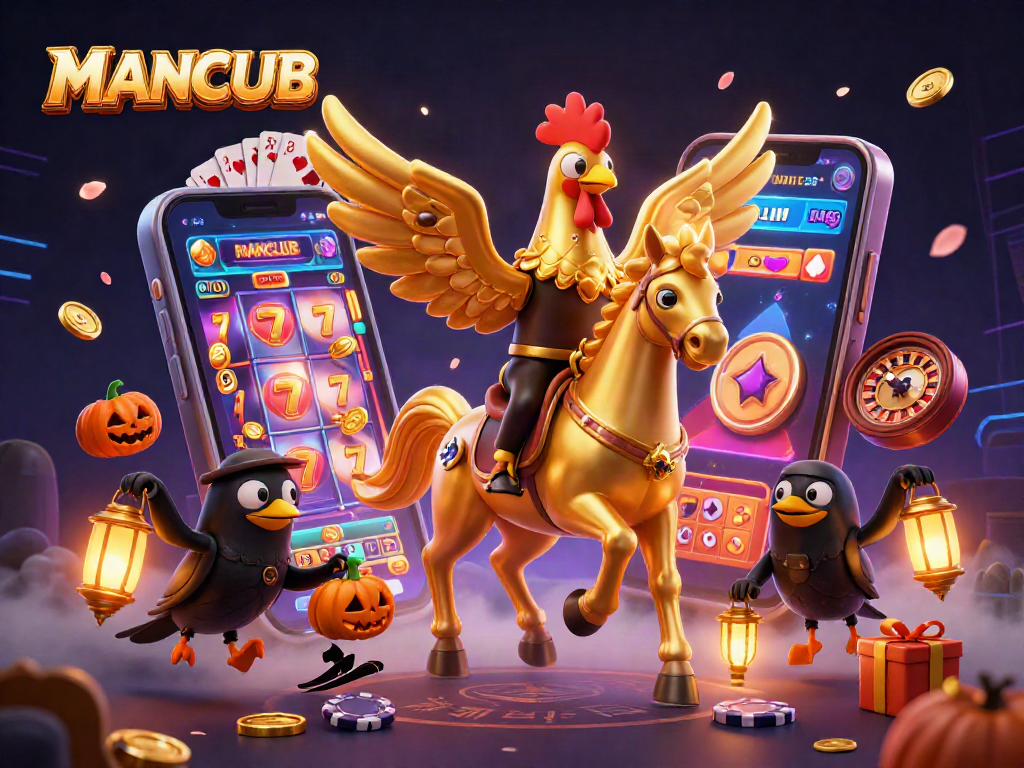 Spin the reels with MANCLUB's golden rooster and gather coins in this vibrant casino scene.