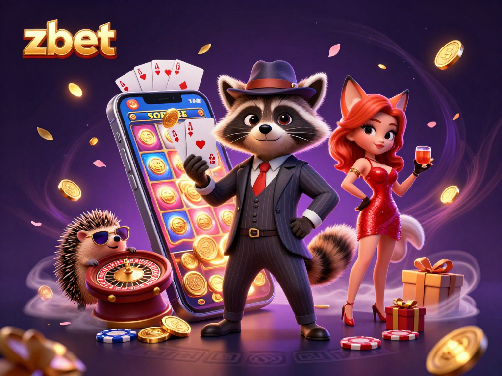 Zbet showcases a grand casino scene with a suave raccoon, a glamorous fox, and a hedgehog, amidst rich gaming elements.
