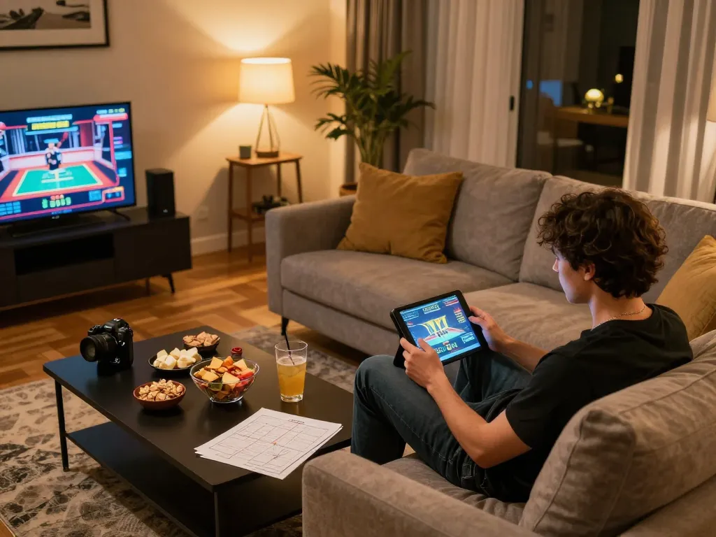Engaging in online gaming with MM88BET on a cozy home setup featuring snacks and strategy notes