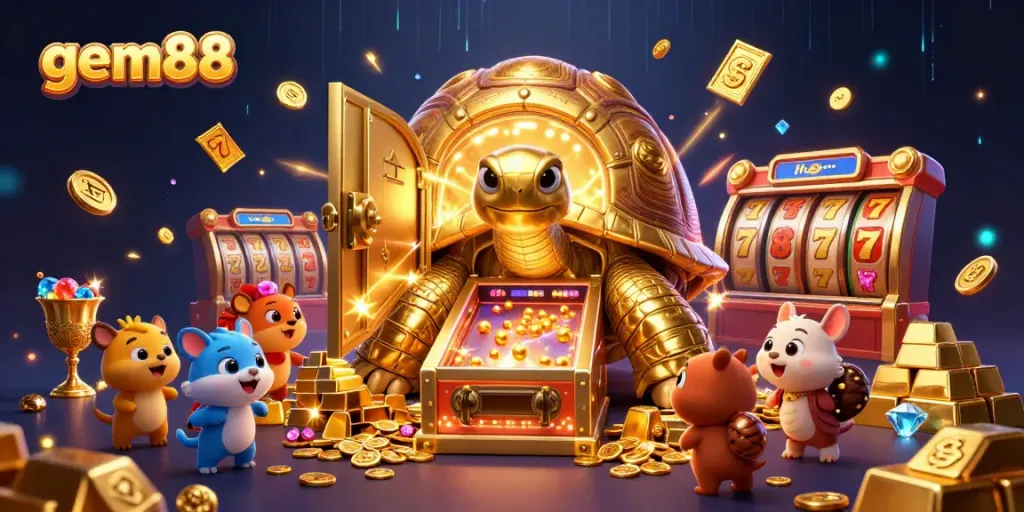 Engage with gem88's vibrant casino paradise featuring a colossal golden tortoise pinball machine and treasure elements.