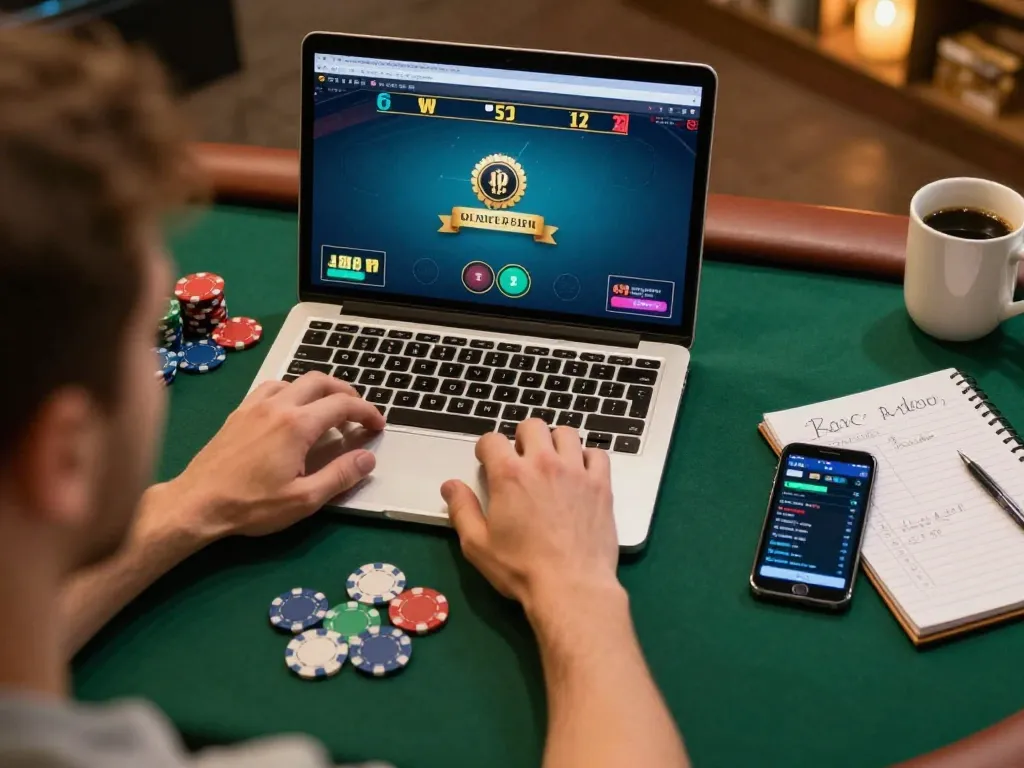 Player strategizing in an online poker game on gamebaidoithuong8, with chips and laptop visible.