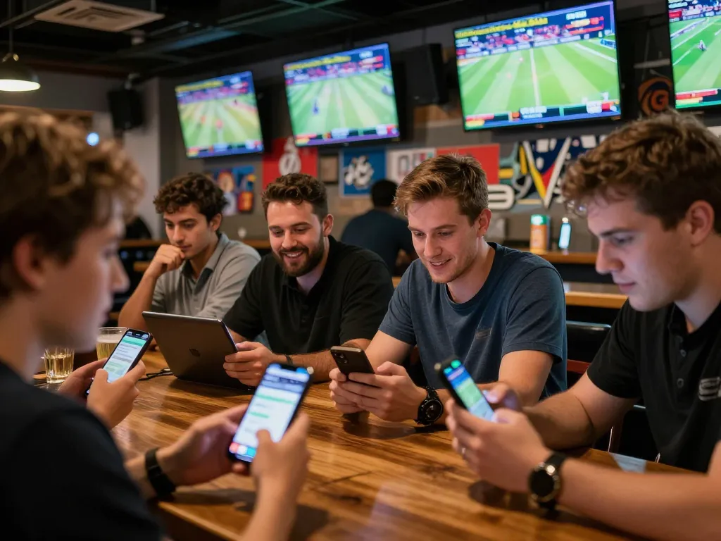 Daga sports bettors engaging with betting apps in an exciting sports bar atmosphere.