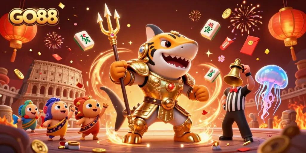 Engage in thrilling gaming with GO88 as a cartoon tiger shark battles in a vibrant underwater scene.
